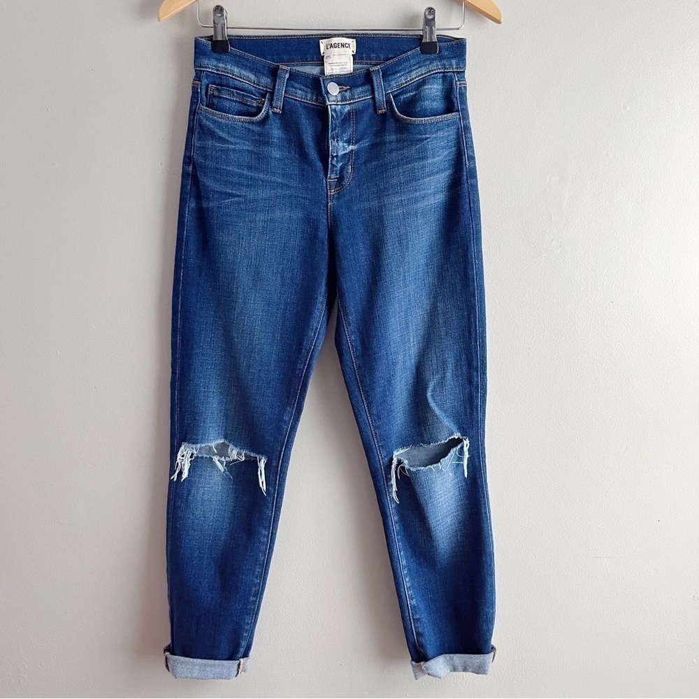 L’Agence Mid-Rise Cropped Tapered Leg‎ Distressed Jeans in Blue Denim, Size 24